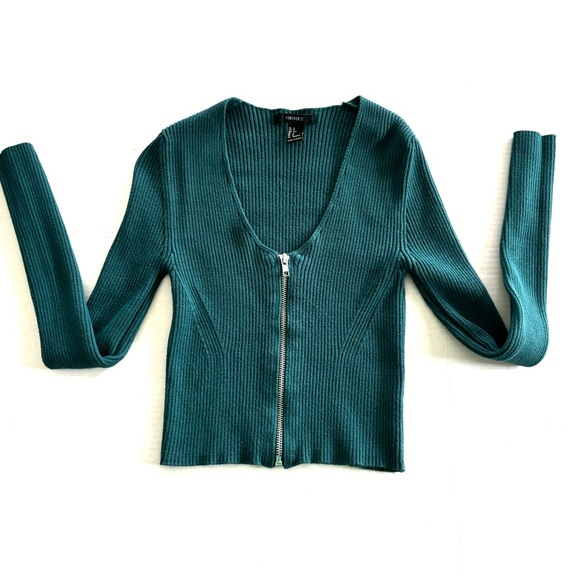 Forever 21 Ribbed Knit Crop Cardigan Teal Green Zip Deep Vneck Stretch Women’s S - Picture 1 of 10